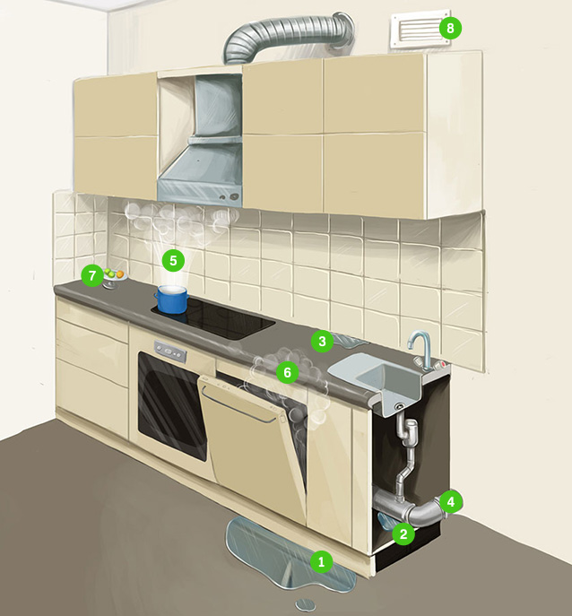 Causes of mold in a kitchen.
